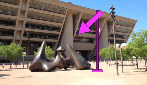 Rendering of large arrow pointing to Henry Moore piece out front of Dallas City Hall